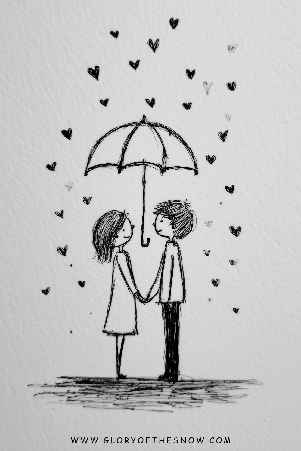 Love drawing ideas easy: sweet couple holding hands under an umbrella surrounded by falling heart shaped rain drops.