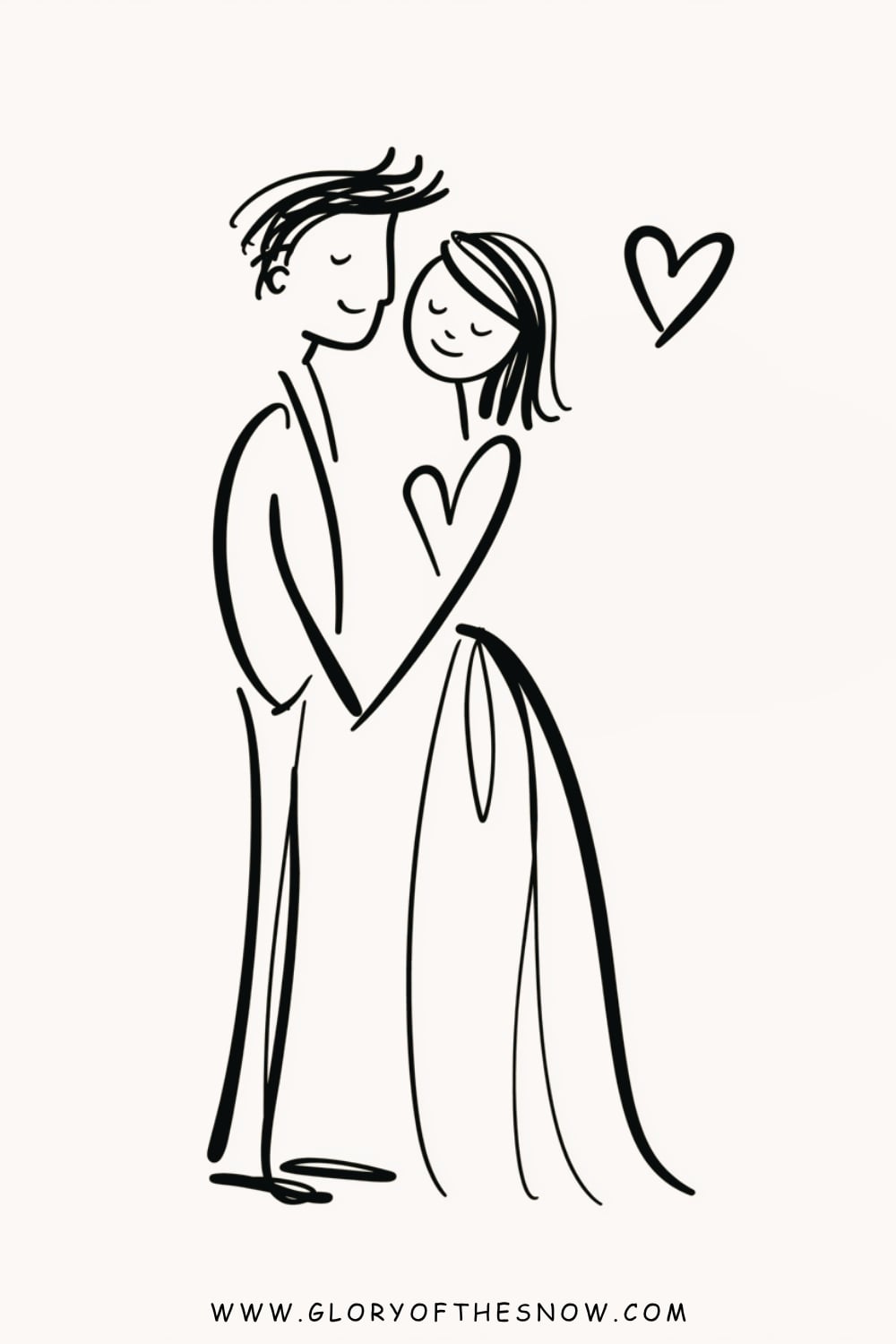 Love drawing ideas easy: simple line drawing of a couple cuddling together with hearts around them.