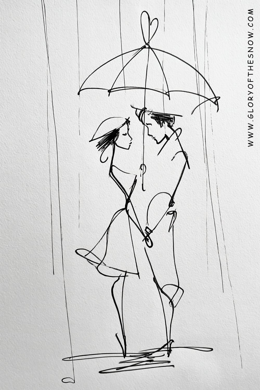 Love drawing ideas easy: romantic sketch of a couple embracing under an umbrella in the rain with a heart on top.