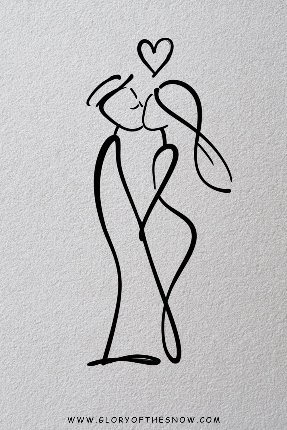 Love drawing ideas easy: simple continuous line art of a couple embracing and kissing beneath a small heart.