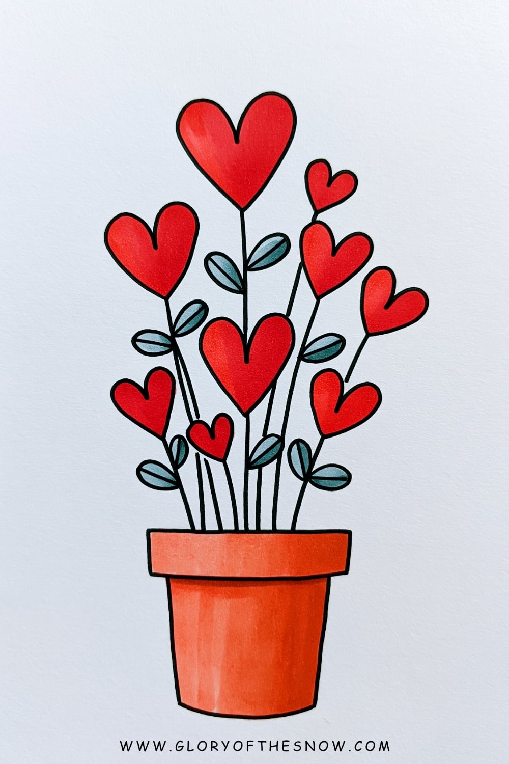 Love drawing ideas easy: cute flower pot filled with red heart-shaped flowers and small leaves.