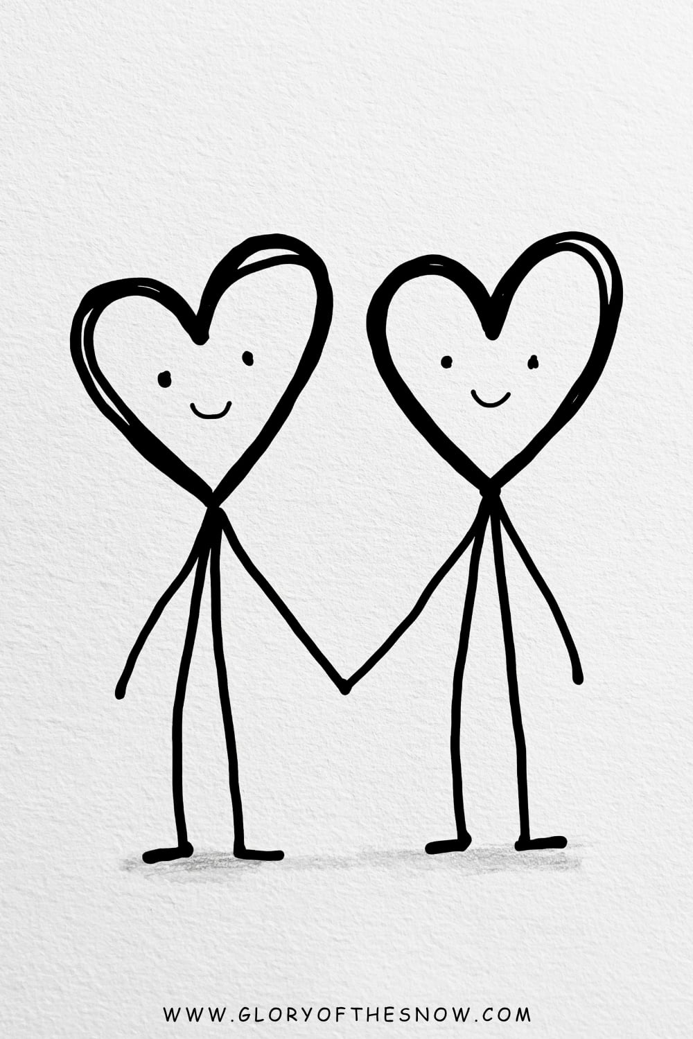 Love drawing ideas easy: adorable stick figures with heart-shaped heads holding hands and smiling.