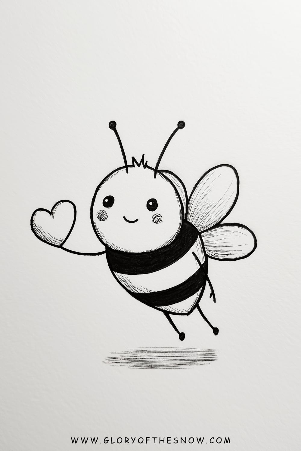 Love drawing ideas easy: cute cartoon bee flying while holding a small heart.