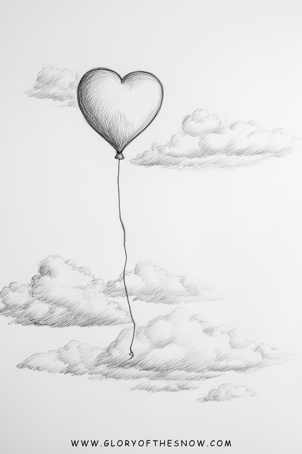 Love drawing ideas easy: heart-shaped balloon floating among soft sketch-style clouds in the sky.