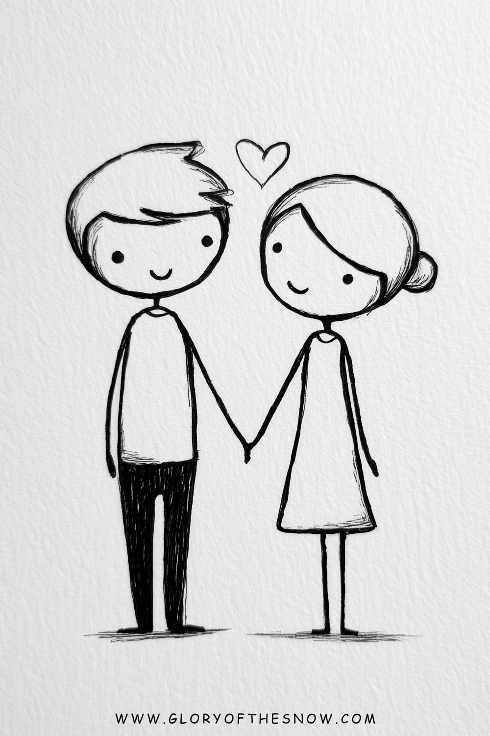 Love drawing ideas easy: simple boy and girl cartoon characters holding hands with a heart above them.