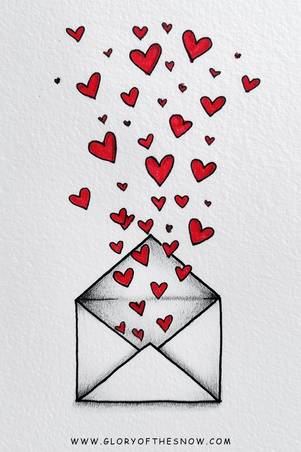 Love drawing ideas easy: open love letter envelope with red hearts floating out from inside.