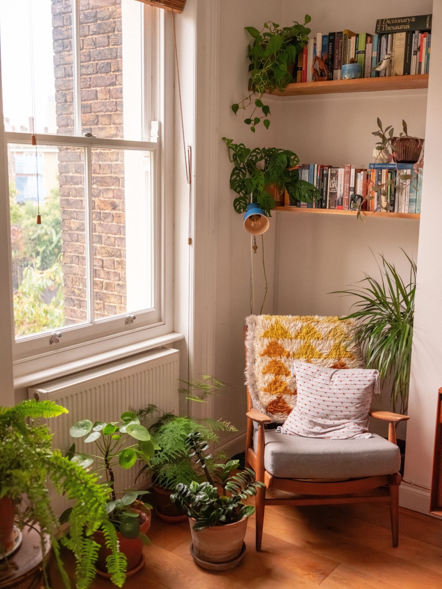 Cozy home relaxation corner with plants, books, and comfortable seating for stress relief.