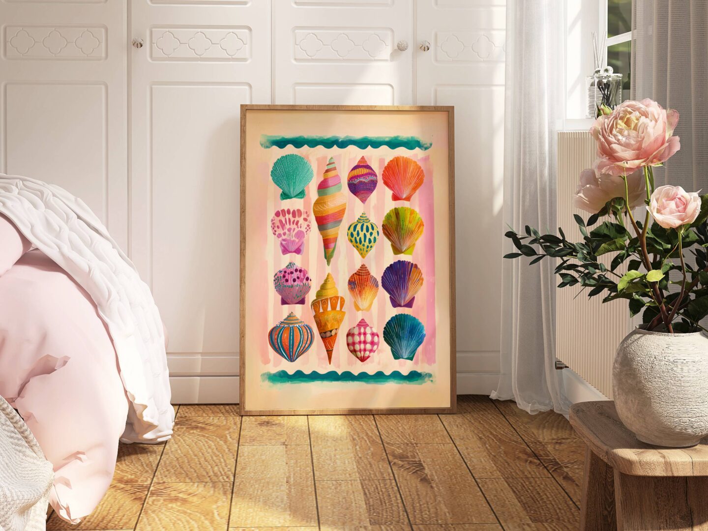 Framed colorful seashell artwork displayed on the floor in a bright bedroom with pink flowers and natural light.
