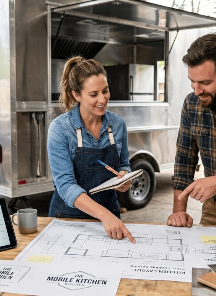 Two people stand at a workbench inside a workshop, reviewing blueprints for a mobile kitchen trailer. Behind them is a stainless-steel food trailer under construction with its serving window open. The table holds layout plans, branding mockups, material samples, a tape measure, and a tablet displaying a menu, suggesting they are planning the trailer's design and layout.
