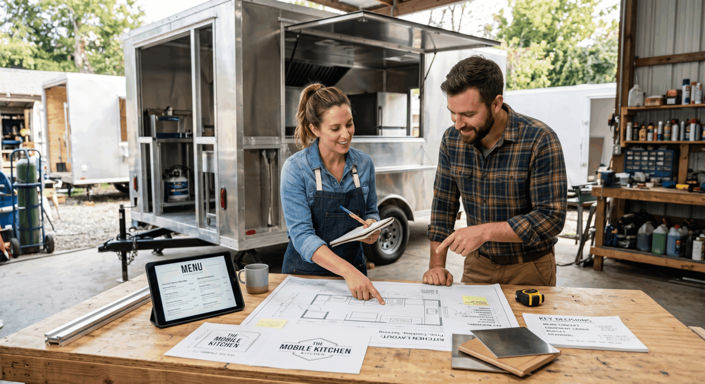 Two people stand at a workbench inside a workshop, reviewing blueprints for a mobile kitchen trailer. Behind them is a stainless-steel food trailer under construction with its serving window open. The table holds layout plans, branding mockups, material samples, a tape measure, and a tablet displaying a menu, suggesting they are planning the trailer's design and layout.