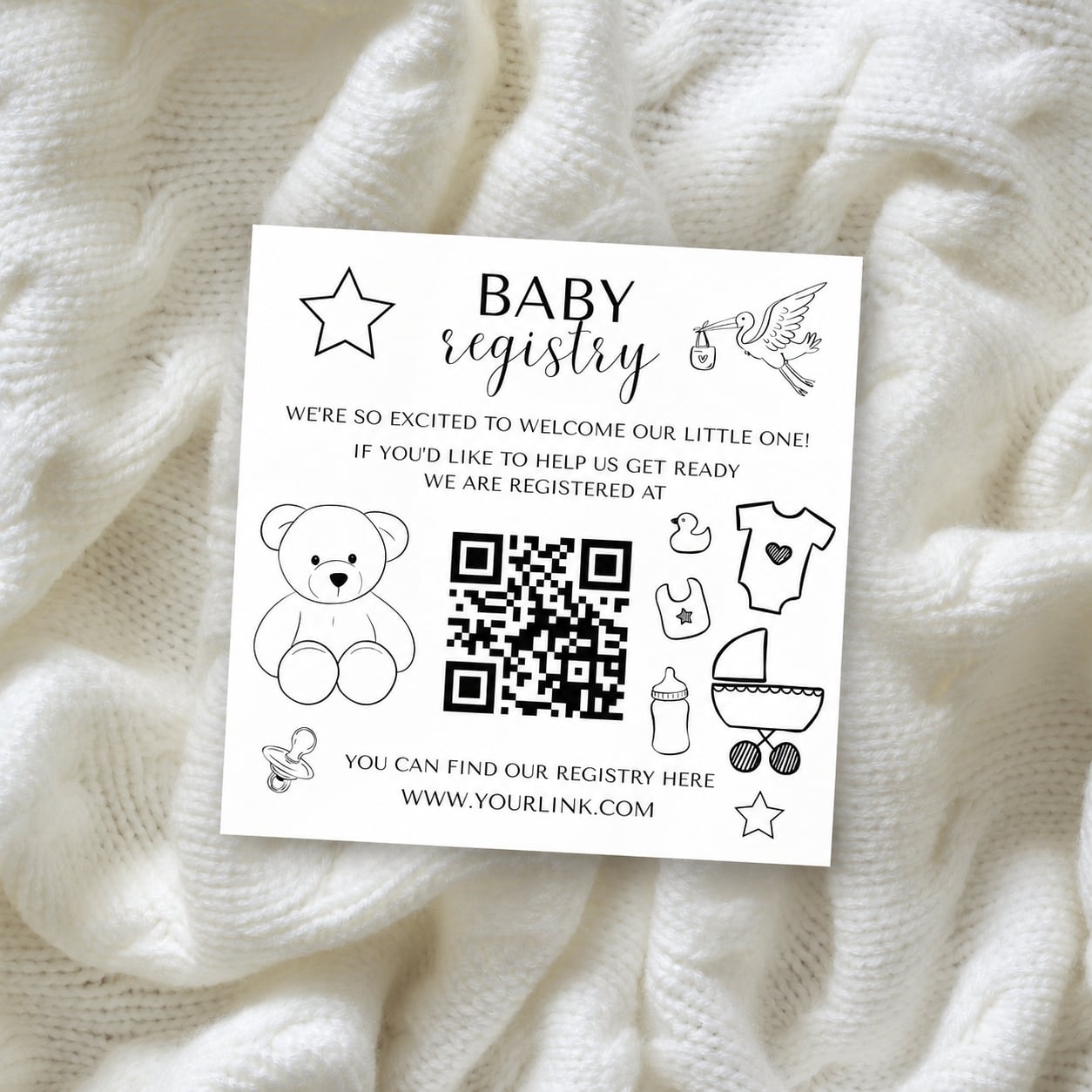 Free editable baby registry card template with QR code, minimalist black and white design featuring baby icons, printable Canva registry insert for baby shower invitations or digital registry sharing.