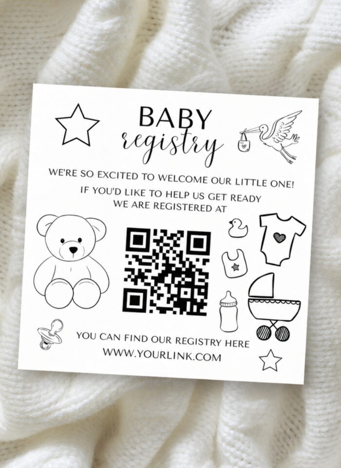 Free editable baby registry card template with QR code, minimalist black and white design featuring baby icons, printable Canva registry insert for baby shower invitations or digital registry sharing.