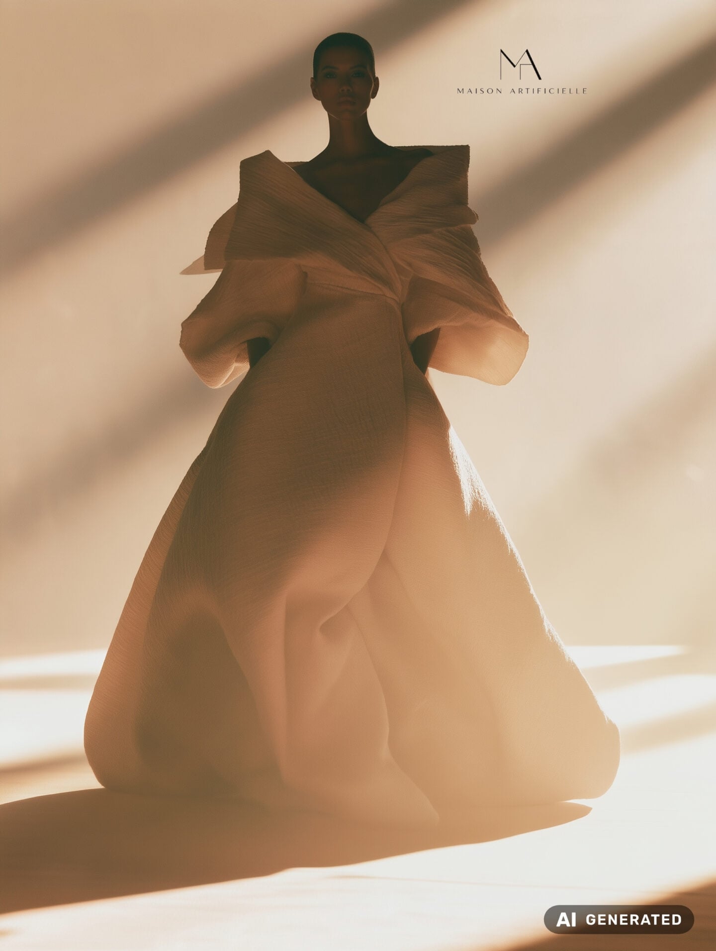 Maison Artificielle: The First Ritual runway look featuring a model in a sculptural beige floor-length gown with an oversized folded collar, voluminous sleeves and dramatic draped skirt. Warm backlighting highlights the textured fabric and architectural silhouette. AI generated.