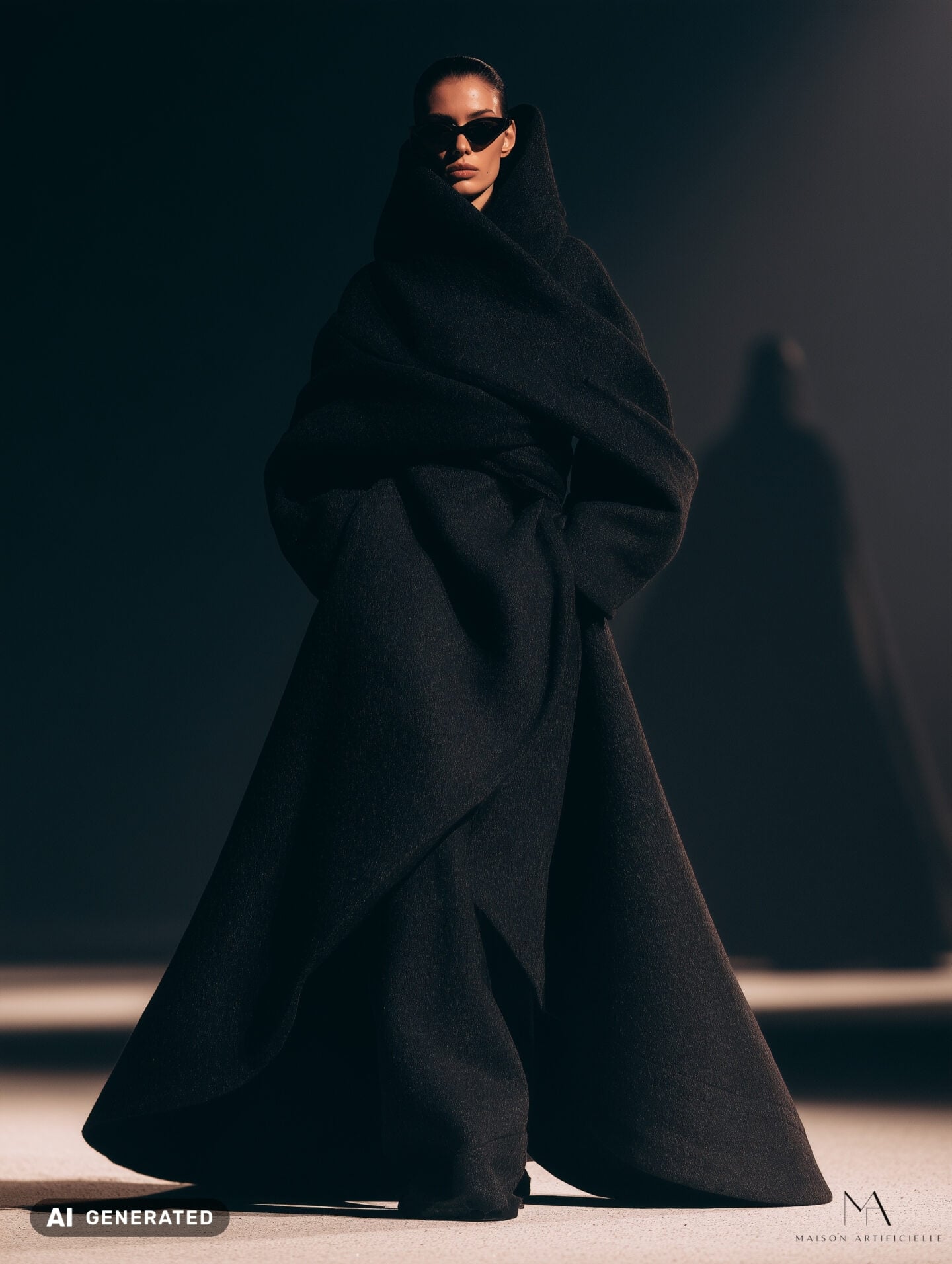 Fashion show runway shot featuring a monumental black couture coat with an oversized wrapped collar, cocoon shaped upper body, exaggerated sleeves and sweeping floor length panels that create a powerful sculptural silhouette. Maison Artificielle The First Ritual collection. AI generated.