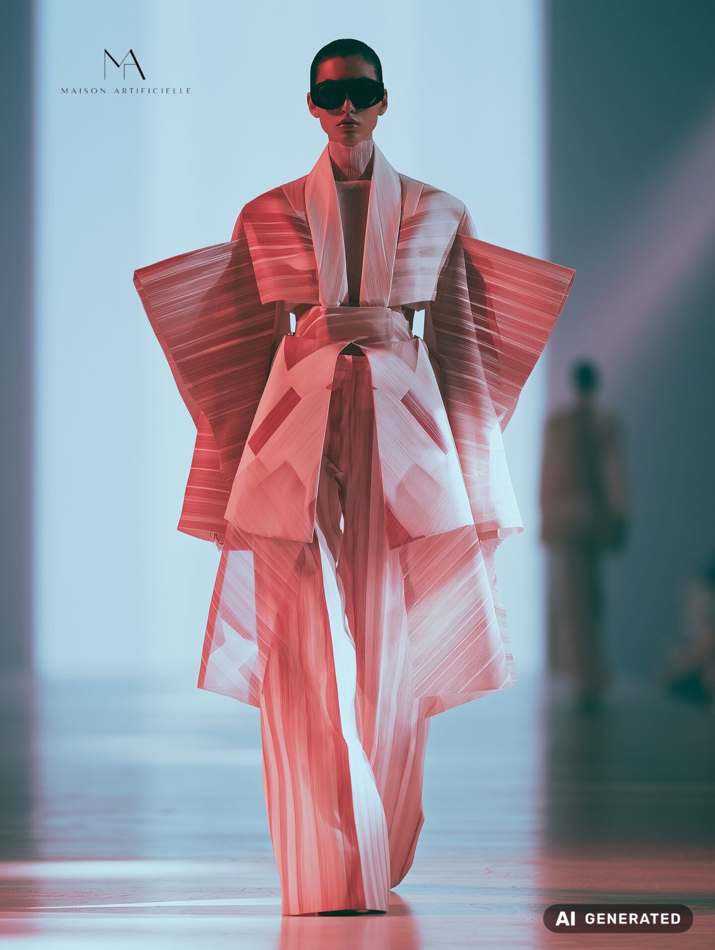 Fashion show runway shot featuring a sculptural pink and white couture look with sharply constructed pleated panels, an oversized geometric shoulder silhouette, layered architectural detailing at the waist and fluid wide leg trousers. Maison Artificielle The First Ritual collection. AI generated.