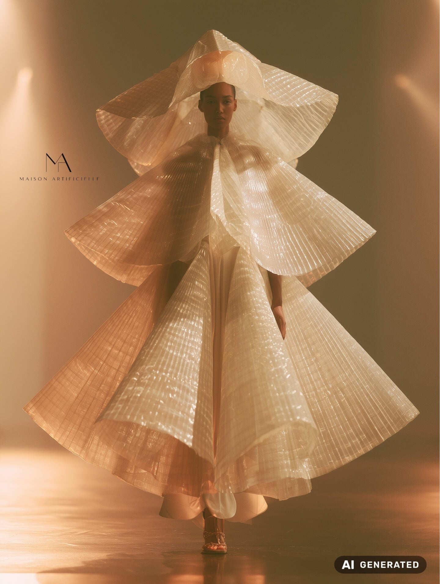 Fashion show runway shot featuring an ethereal ivory couture gown made from translucent pleated fabric, with an enormous sculptural headpiece, layered cape like panels around the shoulders and a voluminous bell shaped skirt illuminated by warm runway lighting. Maison Artificielle The First Ritual collection. AI generated.