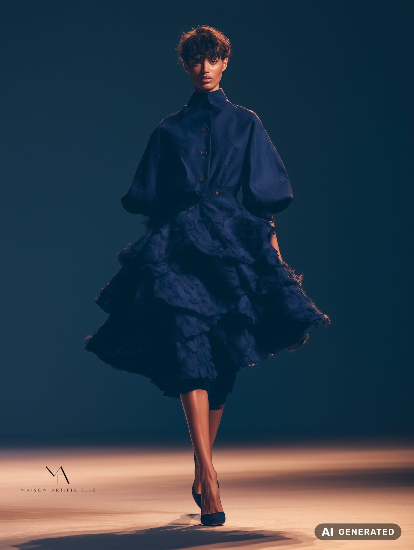 Fashion show runway shot featuring a deep navy couture dress with a buttoned high neck bodice, rounded voluminous sleeves, defined waist and richly textured layered midi skirt creating soft sculptural movement. Maison Artificielle The First Ritual collection. AI generated.