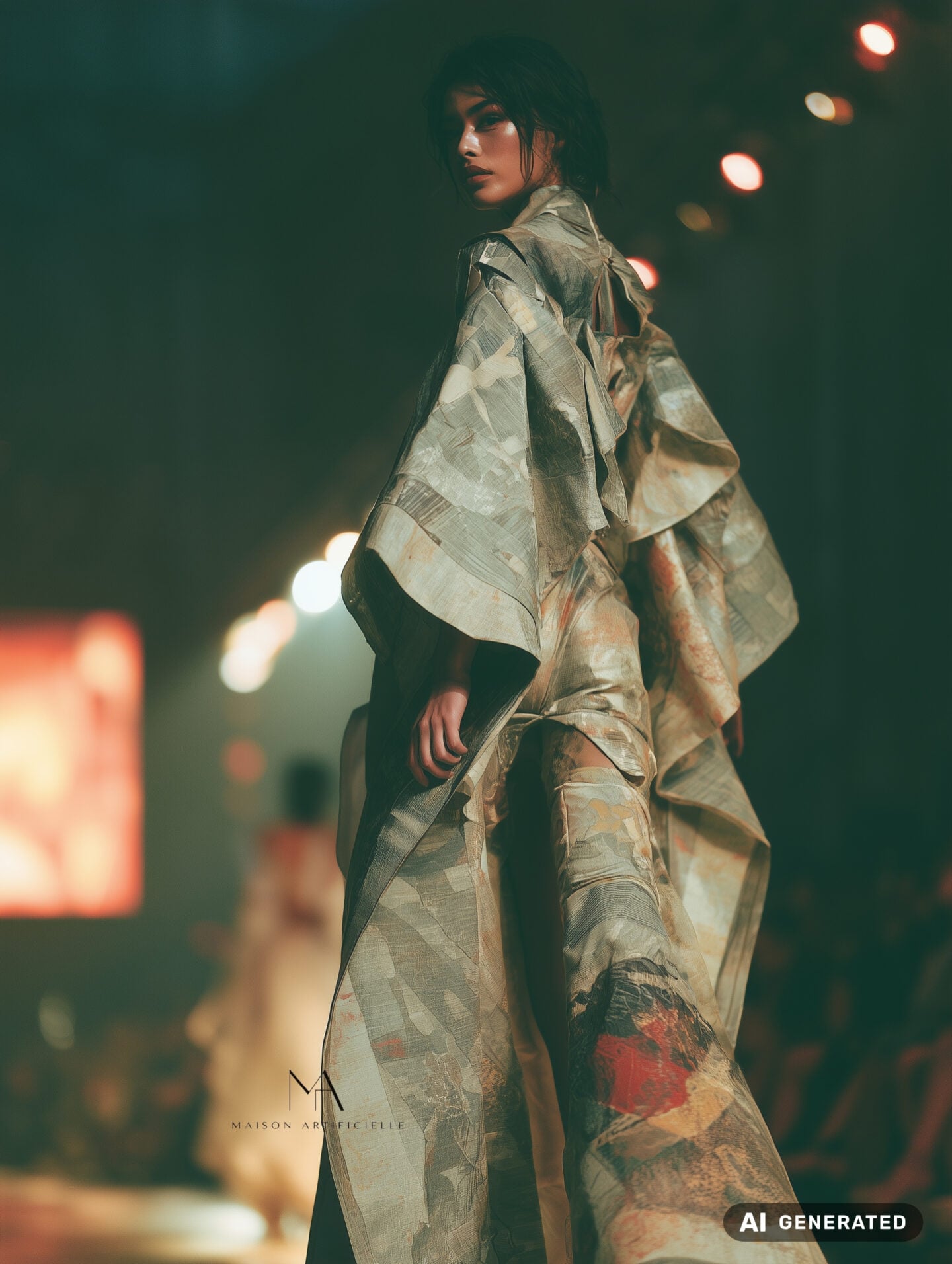 Fashion show runway shot featuring an oversized neutral couture look constructed from layered beige, grey and muted patterned fabrics, with broad sleeves, asymmetric draping and long sculptural panels creating a deconstructed flowing silhouette. Maison Artificielle The First Ritual collection. AI generated.