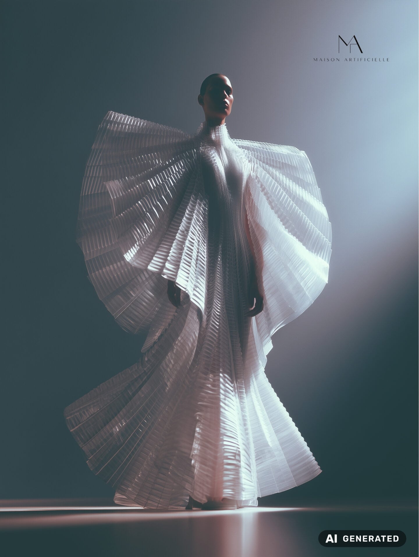 Fashion show runway shot featuring a dramatic white pleated couture gown constructed from layers of finely structured fabric that radiate outward around the shoulders and body, creating a sweeping fan like silhouette and voluminous floor length skirt. Maison Artificielle The First Ritual collection. AI generated.