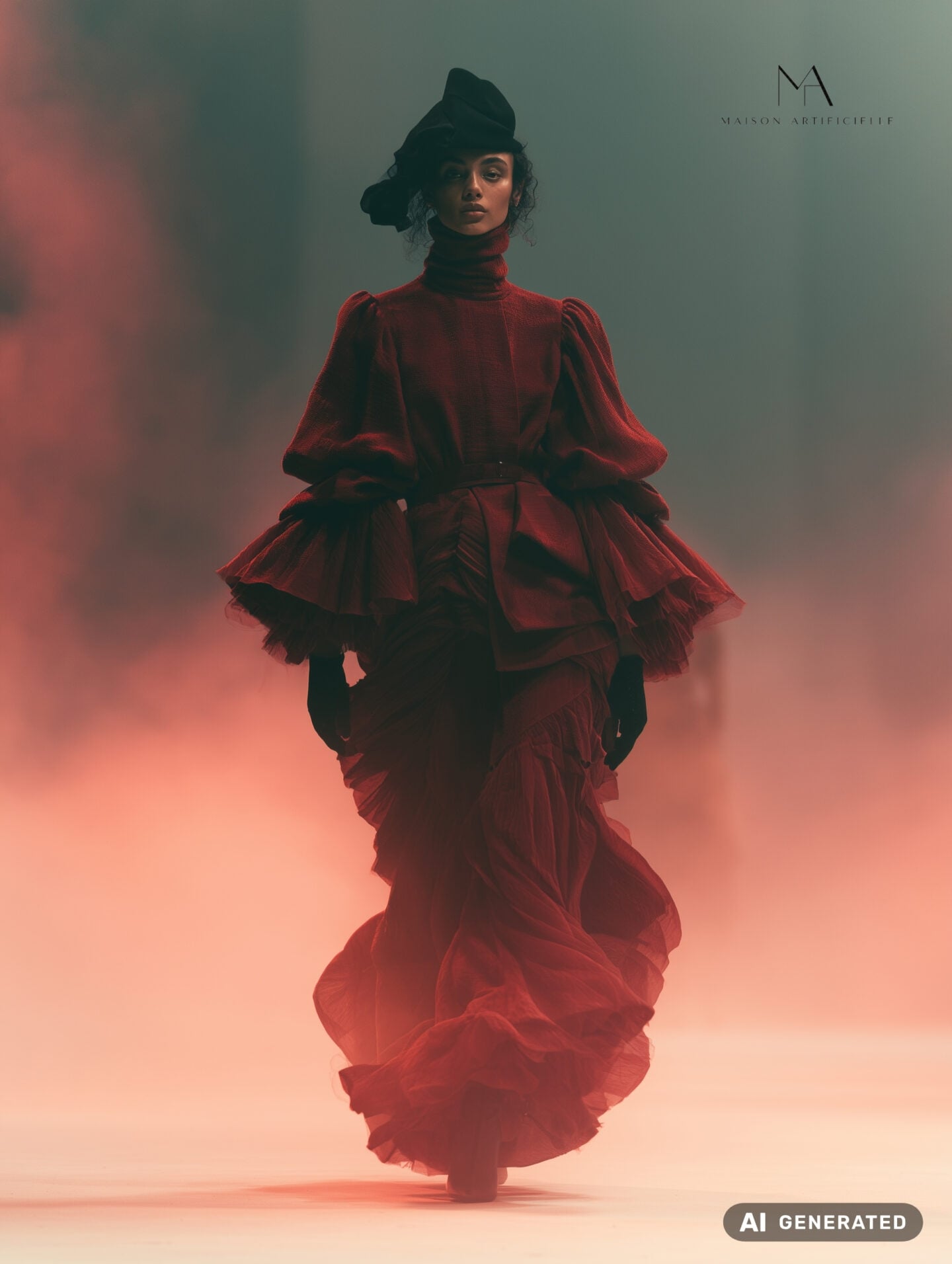 Fashion show runway shot featuring a deep red couture gown with a high neckline, exaggerated puff sleeves, fitted waist and layers of gathered and ruffled fabric cascading through the long flowing skirt. Maison Artificielle The First Ritual collection. AI generated.