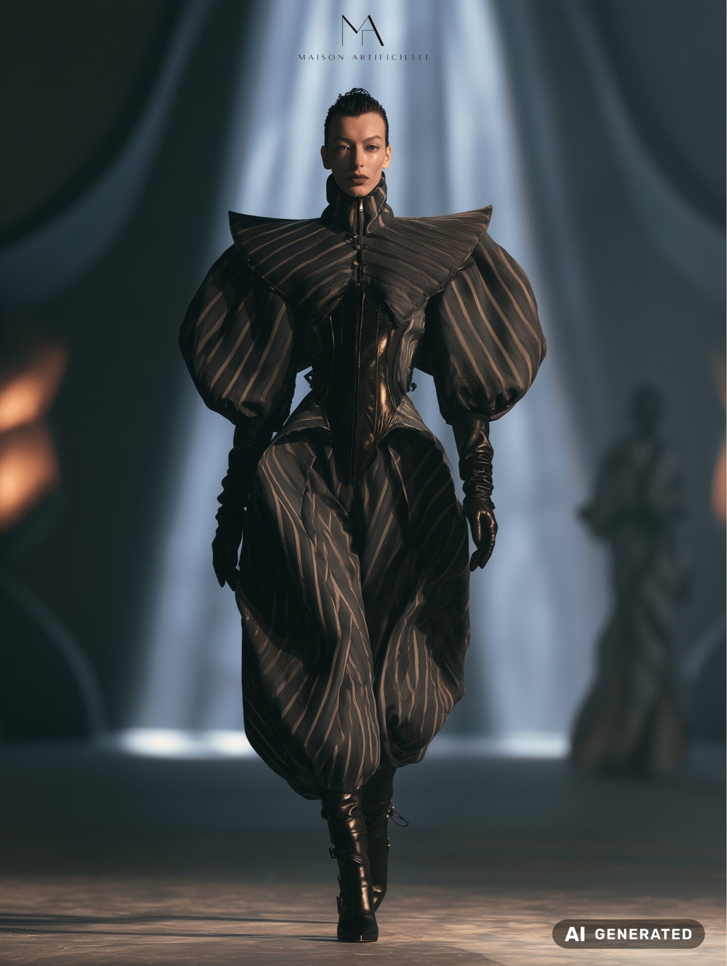 Fashion show runway shot featuring a dramatic black avant garde couture look with a structured high collar, pointed shoulder construction, oversized striped balloon sleeves, corset inspired shaping through the waist and voluminous sculptural trousers. Maison Artificielle The First Ritual collection. AI generated.