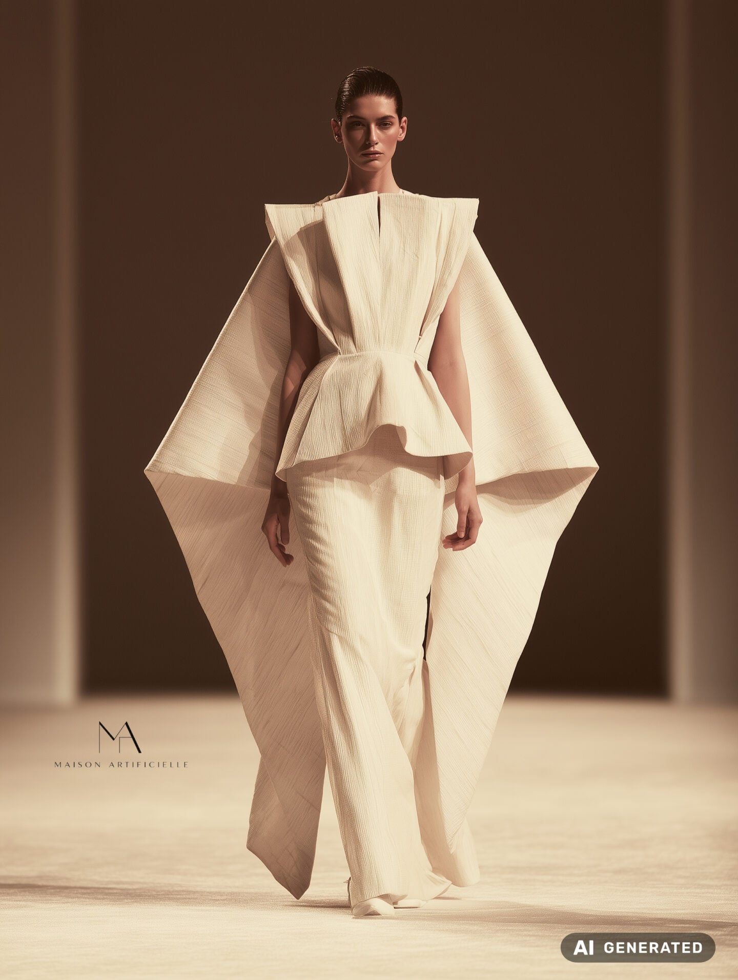 Fashion show runway shot featuring a minimalist ivory couture look with an architectural sleeveless bodice, sharply extended shoulders, a cinched waist and large geometric cape panels falling alongside softly flowing wide leg trousers. Maison Artificielle The First Ritual collection. AI generated.