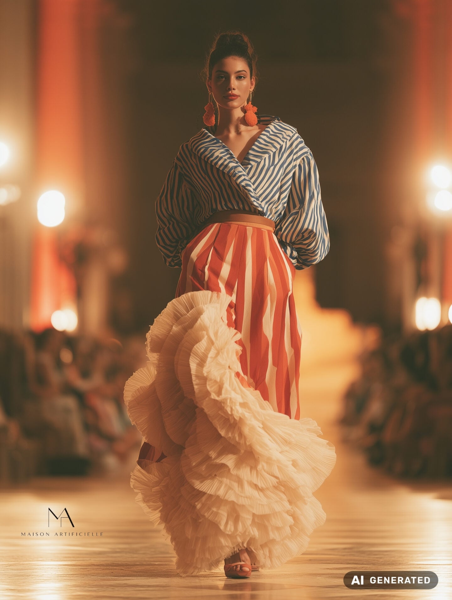 Fashion show runway shot featuring an expressive striped couture look combining an oversized blue and white striped blouse with voluminous sleeves, high waisted red and ivory striped fabric and extravagant cascading ivory ruffles through the lower silhouette. Maison Artificielle The First Ritual collection. AI generated.