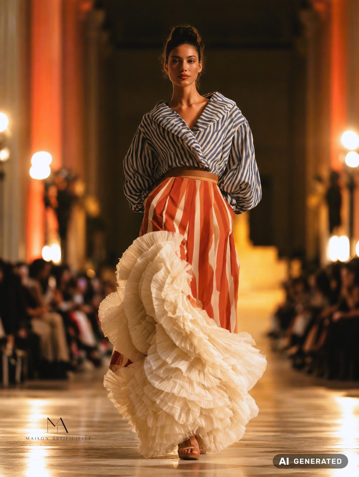 Fashion runway look featuring a voluminous blue-and-cream striped wrap top with dramatic balloon sleeves, paired with a high-waisted coral-and-cream striped skirt and an oversized cascading ivory pleated ruffle. The model walks down a warmly lit runway in nude heels, with her hair styled in a high bun. AI generated.