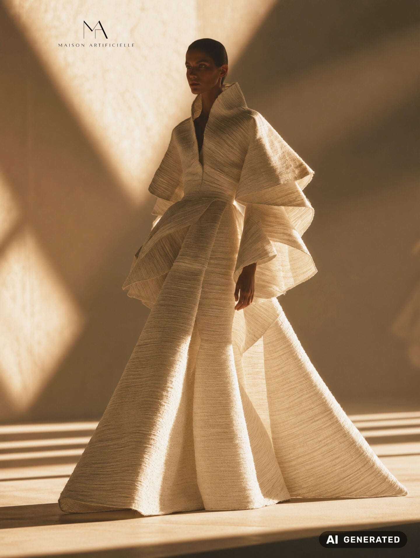 Ivory architectural couture gown with a sculptural high collar, layered geometric sleeves and a dramatic floor-length silhouette, photographed in warm golden light for Maison Artificielle: The First Ritual. AI generated.