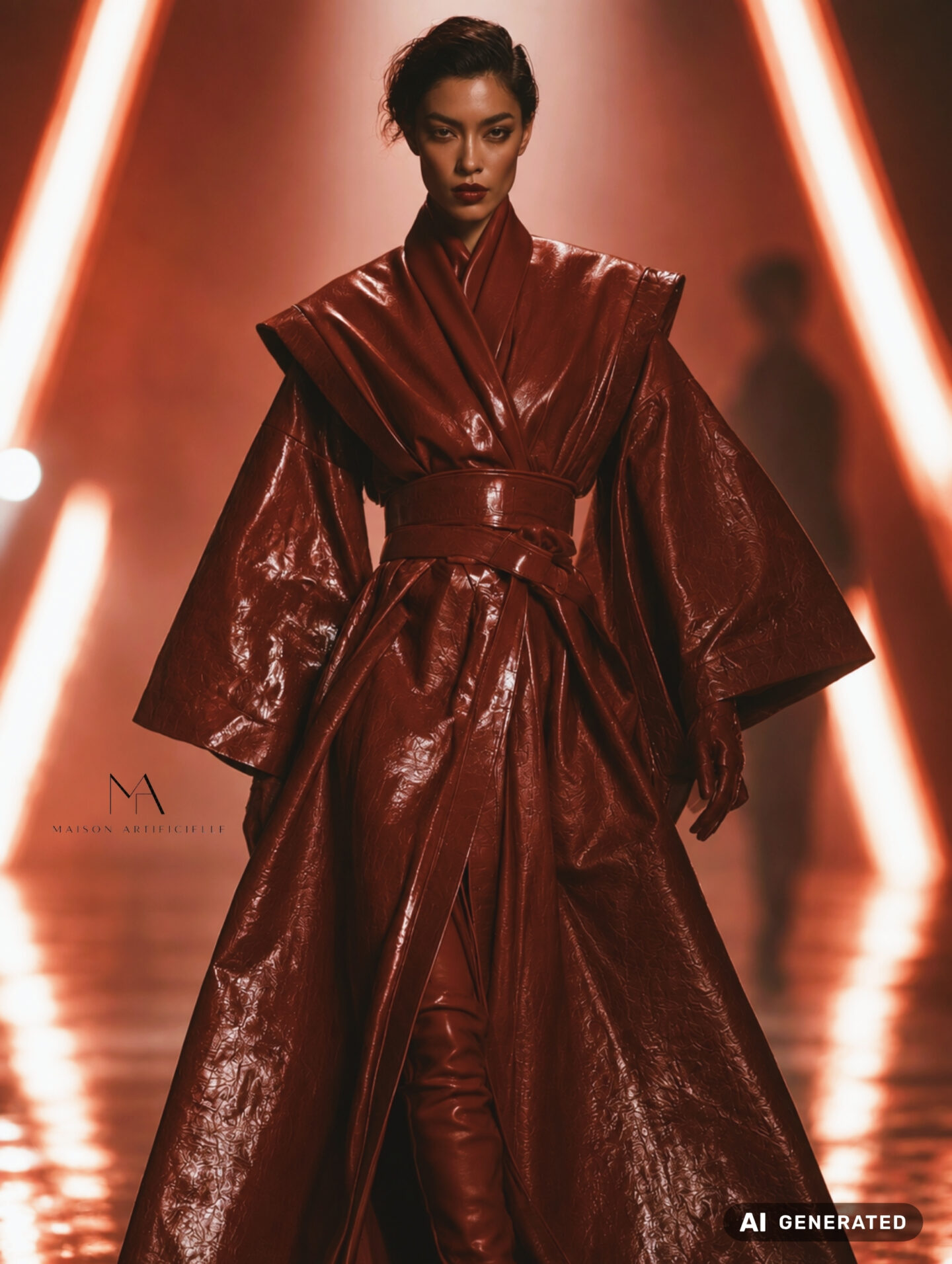 Deep red high-fashion coat with oversized kimono-style sleeves, structured shoulders, a wide belted waist and glossy textured finish, photographed on a futuristic red-lit runway for Maison Artificielle: The First Ritual. AI generated.