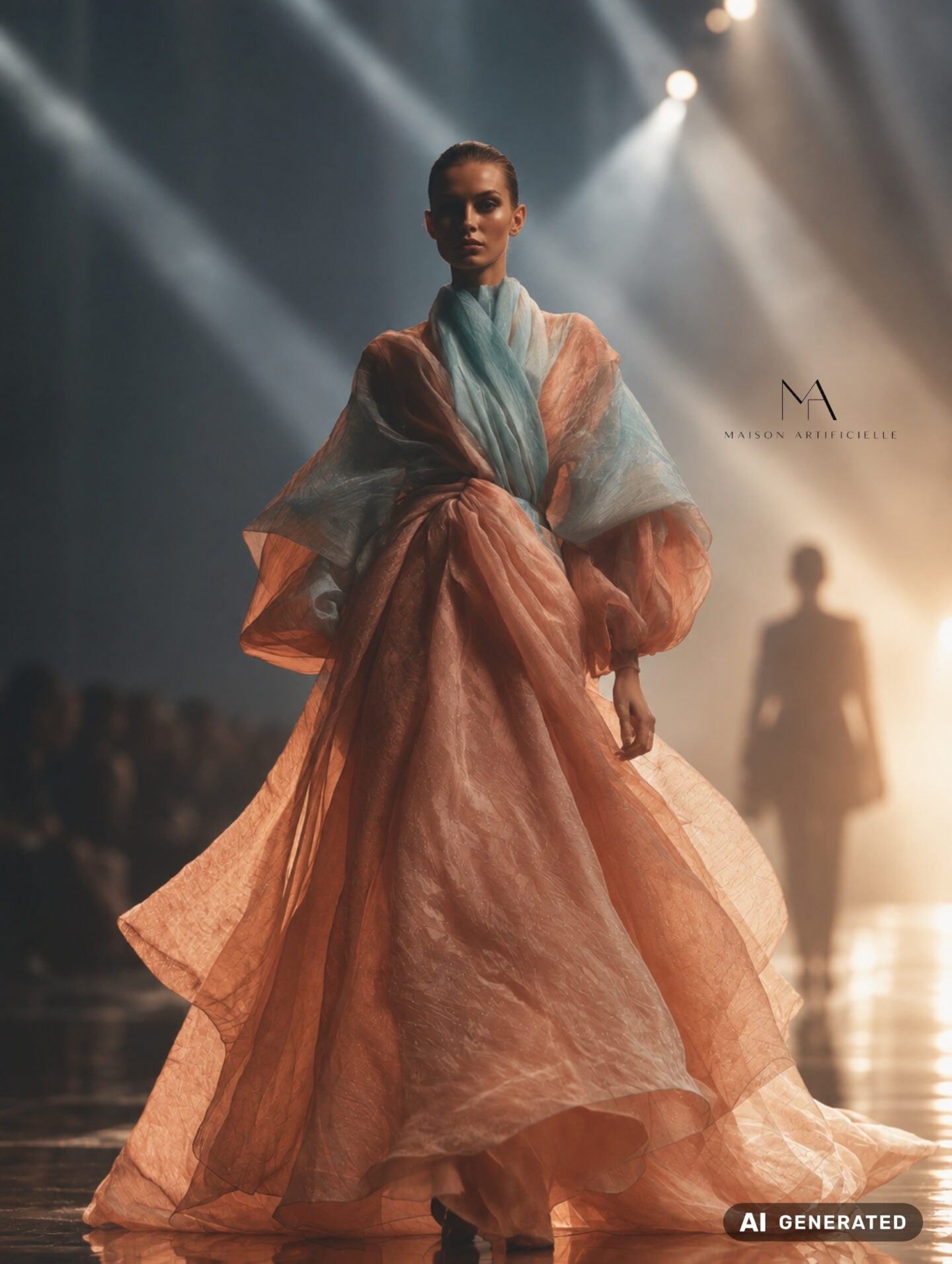 Fashion show photo from Maison Artificielle: The First Ritual, featuring a model walking the runway in a dramatic floor-length couture gown made from layers of sheer peach, coral and pale blue fabric. The voluminous design features oversized flowing sleeves, a sculptural gathered waist, a soft blue draped neckline and an expansive translucent skirt and train illuminated by runway spotlights. AI generated.