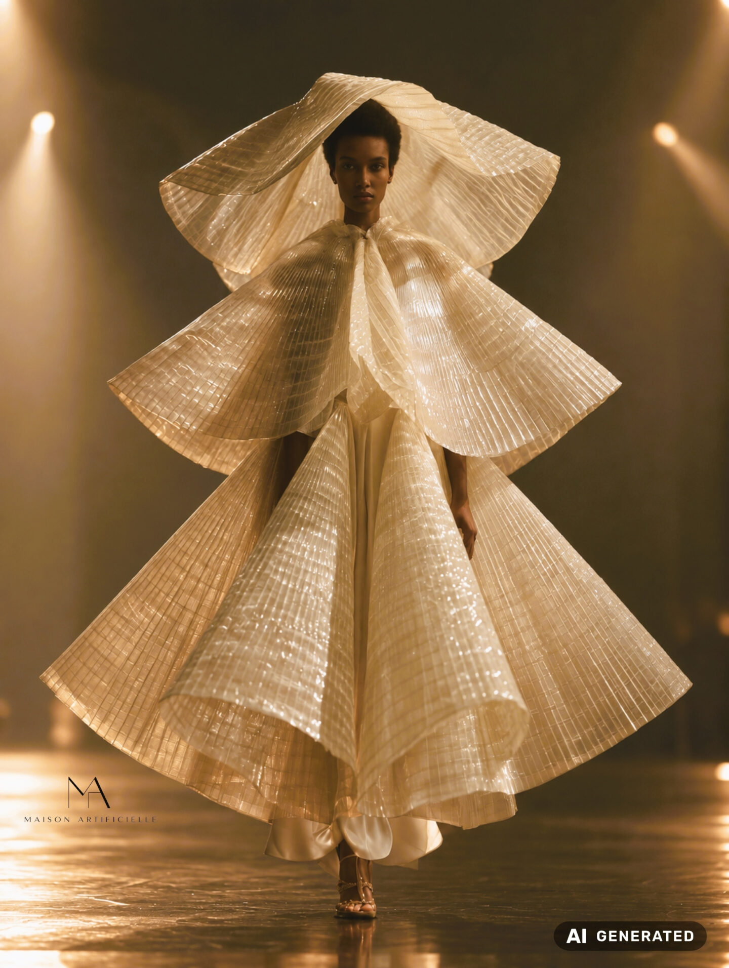 Fashion show photo from Maison Artificielle: The First Ritual, featuring a model in an architectural ivory couture gown constructed from translucent pleated fabric. The sculptural outfit features an enormous folded hood-like headpiece, wide cape-shaped upper layers and multiple sweeping fan-like panels that form a voluminous floor-length silhouette, glowing under warm golden runway lighting. AI generated.