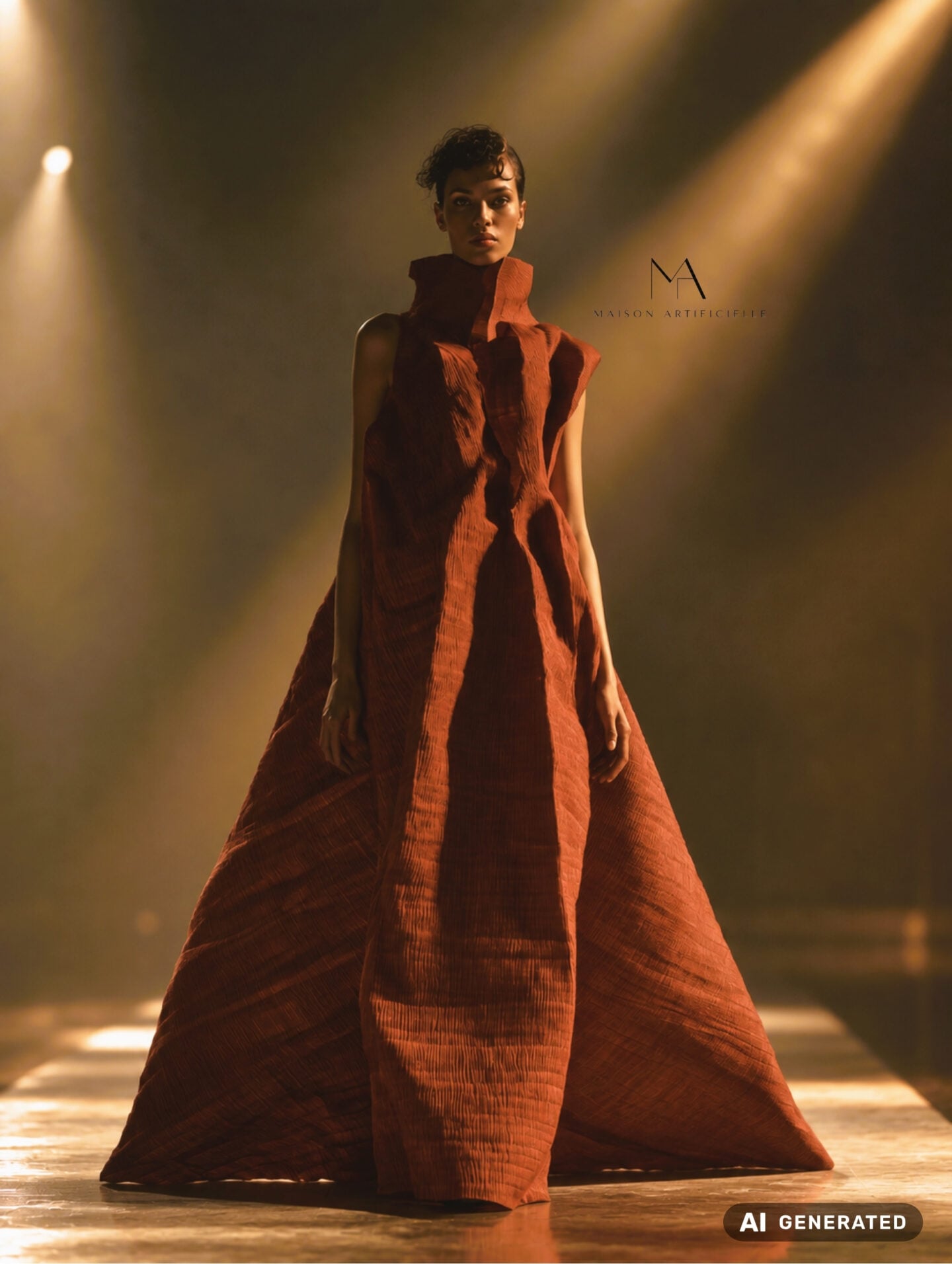 Fashion show photo from Maison Artificielle: The First Ritual, featuring a model in a dramatic rust-red sculptural floor-length gown. The sleeveless couture design has a tall architectural collar, deeply textured pleated fabric, an elongated central panel and an exaggerated A-line silhouette that extends into broad structured side panels and a sweeping train. AI generated.