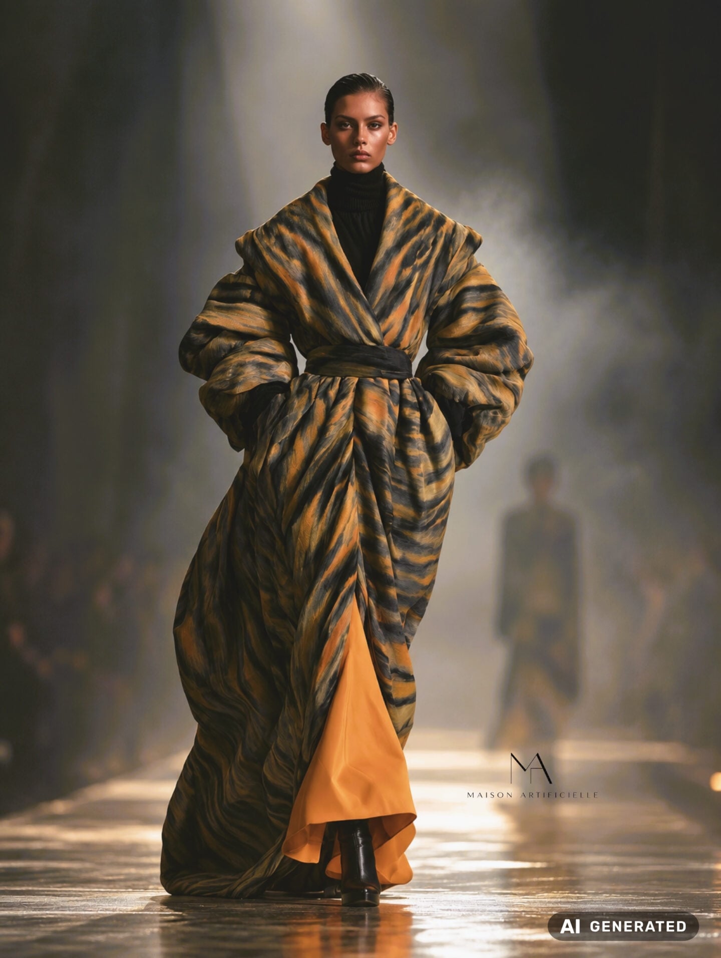 Fashion show photo from Maison Artificielle: The First Ritual, featuring a model walking through a smoky runway setting in an oversized belted couture coat. The voluminous floor-length design has exaggerated sleeves and a wide shawl collar, with a painterly striped pattern in black, charcoal, ochre and burnt orange layered over a black high-neck top and a vivid orange flowing underlayer, finished with black ankle boots. AI generated.