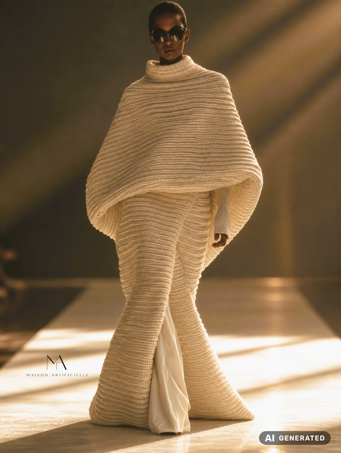 Fashion show photo from Maison Artificielle: The First Ritual, featuring a model wearing oversized black sunglasses and an ivory sculptural knitted ensemble. The couture look combines an oversized ribbed cocoon-style poncho with a thick roll neckline and a long, close-fitting textured knitted skirt that flares dramatically around the feet, with a soft ivory fabric panel visible through the front opening. AI generated.
