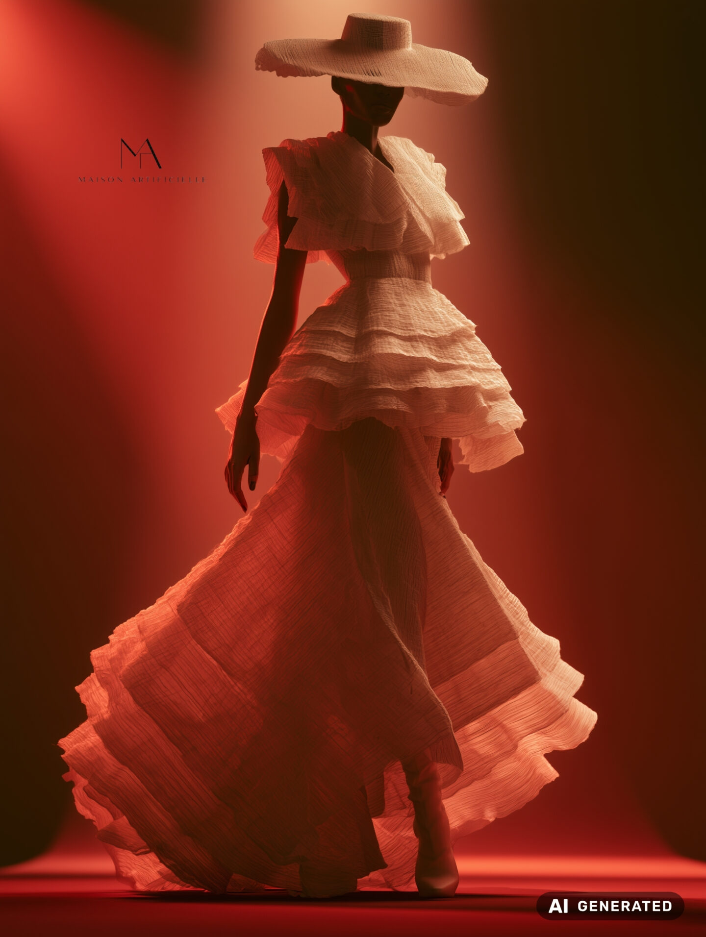 Maison Artificielle fashion show image featuring a model walking the runway in a dramatic ivory couture gown, illuminated by intense red and amber lighting. The outfit features a sculptural, layered ruffle bodice with exaggerated shoulders, a fitted waist and voluminous tiered peplum, flowing into an asymmetric floor-length skirt with translucent, finely pleated fabric and raw, rippling edges. A dramatic oversized wide-brim ivory hat shadows the model’s face, while pointed boots emerge beneath the sweeping skirt. The backlighting highlights the delicate texture and movement of the fabric, creating an ethereal silhouette against the dark runway. AI generated.