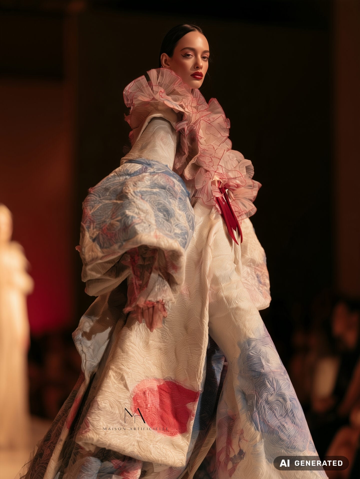 Fashion show runway shot featuring an ornate ivory couture coat with enormous rounded sleeves, richly textured fabric, painterly blue and red details and extravagant translucent pink ruffles framing the neckline and upper body. Maison Artificielle The First Ritual collection. AI generated.