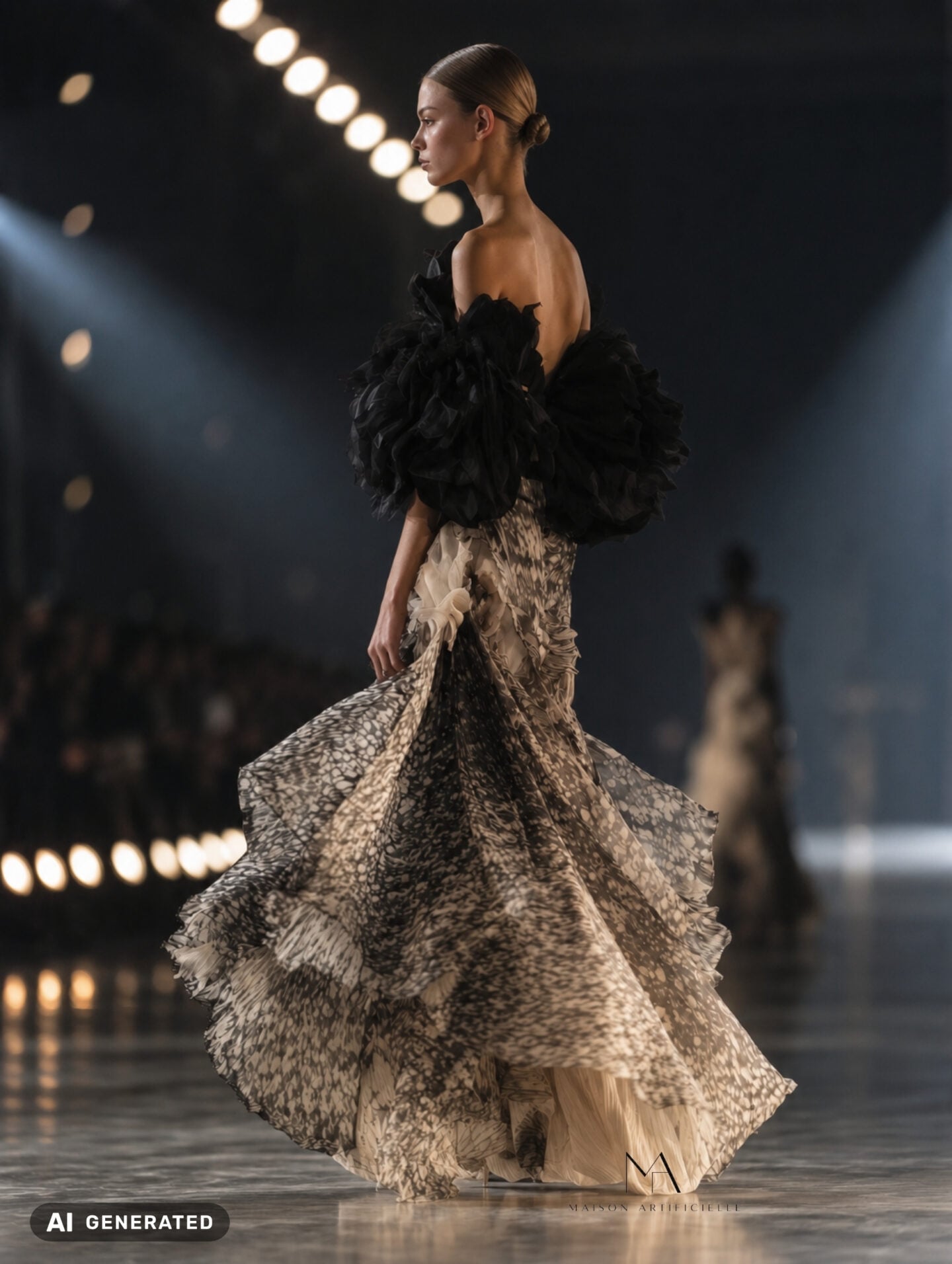 Fashion show runway shot featuring a black and ivory couture gown with an off shoulder black bodice surrounded by dramatic ruffled volume and a sweeping patterned skirt made from layers of lightweight fabric that flare outward in motion. Maison Artificielle The First Ritual collection. AI generated.