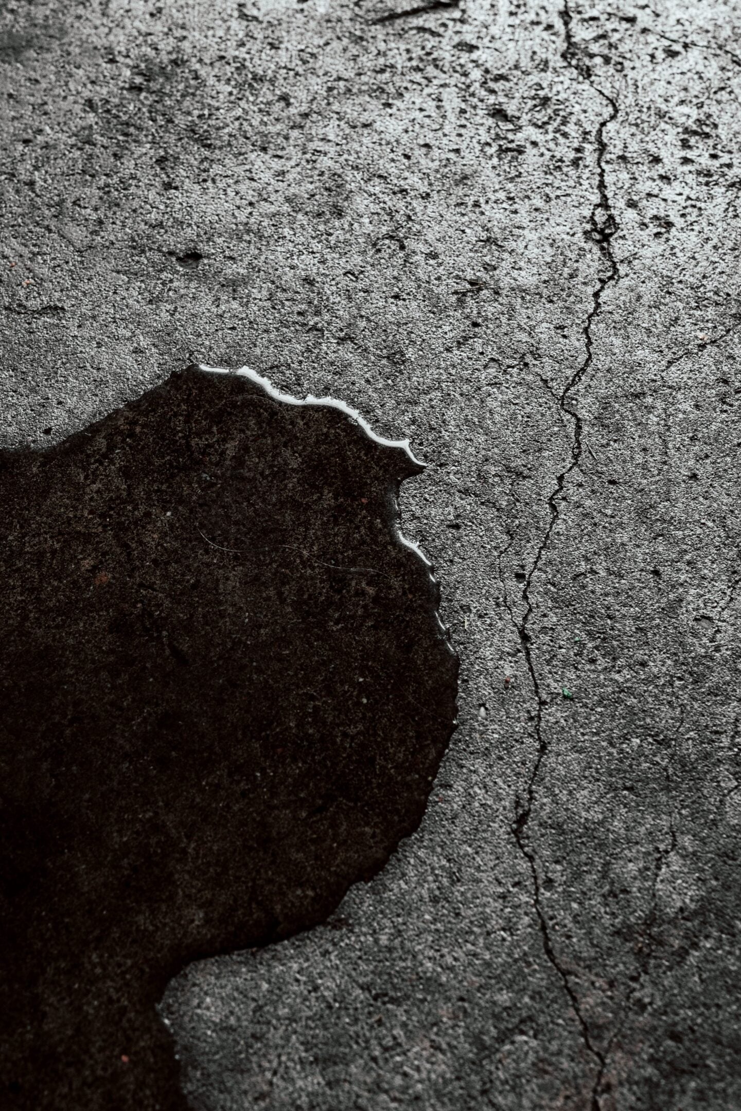 Close-up of a rough, grey concrete floor with a large, irregularly shaped puddle of dark water spreading across the surface. A thin, jagged crack runs vertically through the concrete beside the puddle, with smaller hairline fractures and tiny pits visible in the textured flooring. The wet area contrasts sharply with the surrounding dry concrete, creating a dark, uneven outline with a slightly reflective edge. The image illustrates water pooling on a cracked concrete floor, a possible warning sign of an underground plumbing leak or slab leak beneath a home's foundation.