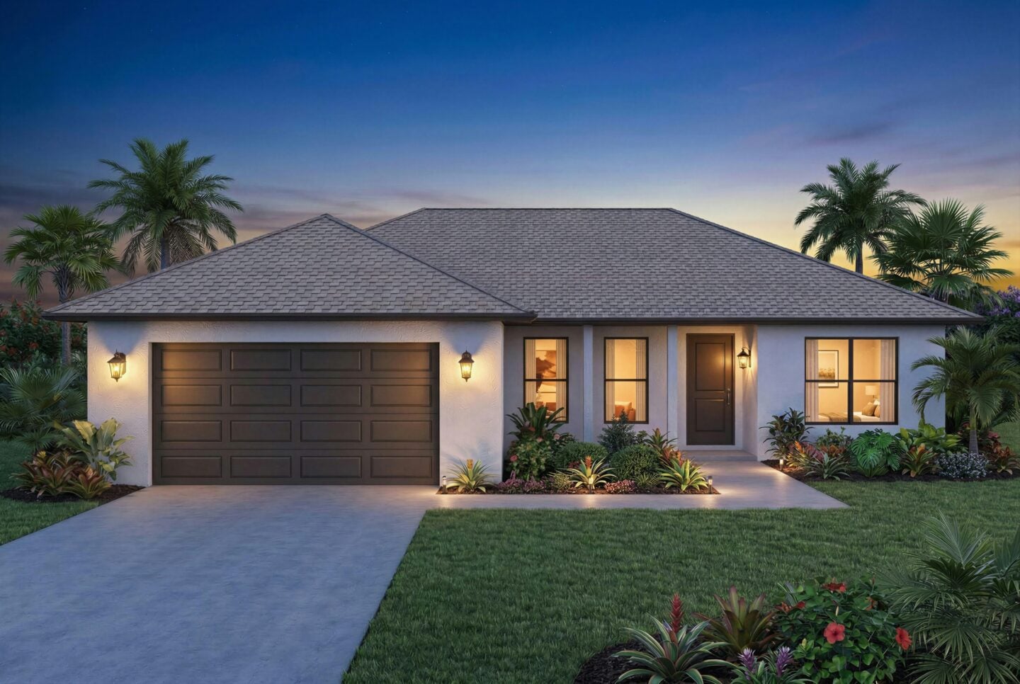 Single-story house at dusk with a double garage, illuminated front entrance, landscaped garden, and palm trees.