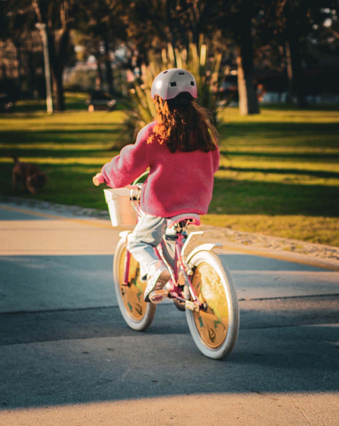 Child wearing a white helmet and pink fleece riding a pink bicycle with a front basket along a paved path through a sunlit park.