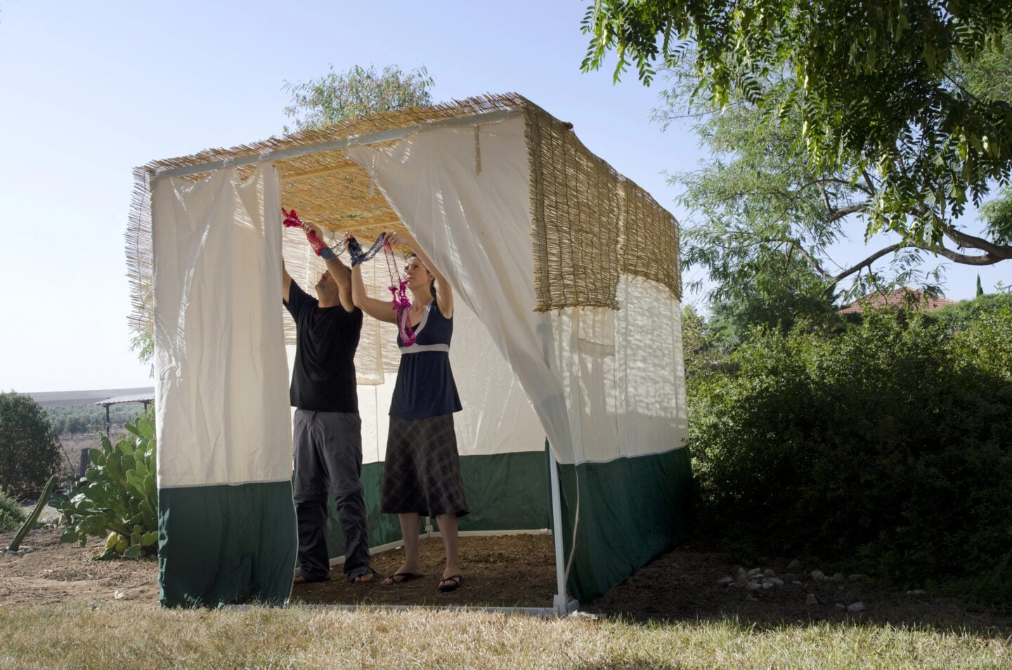 Two adults decorating a traditional outdoor sukkah in preparation for the Jewish festival of Sukkot. A man wearing a black T-shirt and grey trousers and a woman wearing a dark sleeveless top and long skirt stand inside the temporary structure, reaching upwards to hang colourful pink, red, and blue garlands from the ceiling. The sukkah features a roof made from natural reeds or branches, woven reed panels, and white fabric walls with dark green lower sections. Sunlight filters through the roof, casting soft shadows across the interior. The structure stands in a peaceful garden surrounded by leafy green trees, shrubs, cacti, and dry grass, beneath a clear blue sky. The scene captures the traditional Sukkot activity of decorating the sukkah for the Jewish harvest festival.