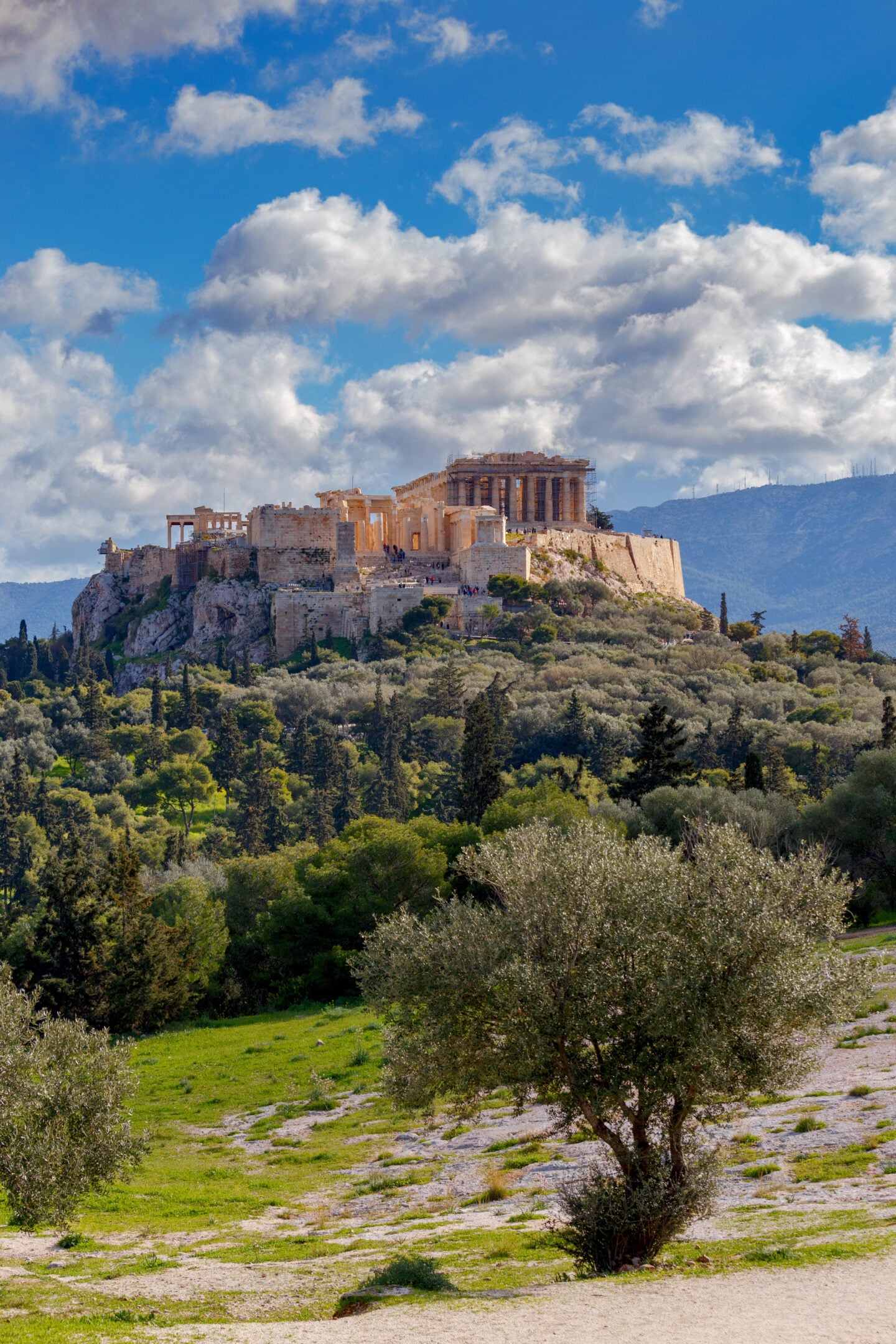 The Acropolis in Athens, Greece, with the Parthenon rising above a rocky hill, olive trees in the foreground, and white clouds across a blue sky.