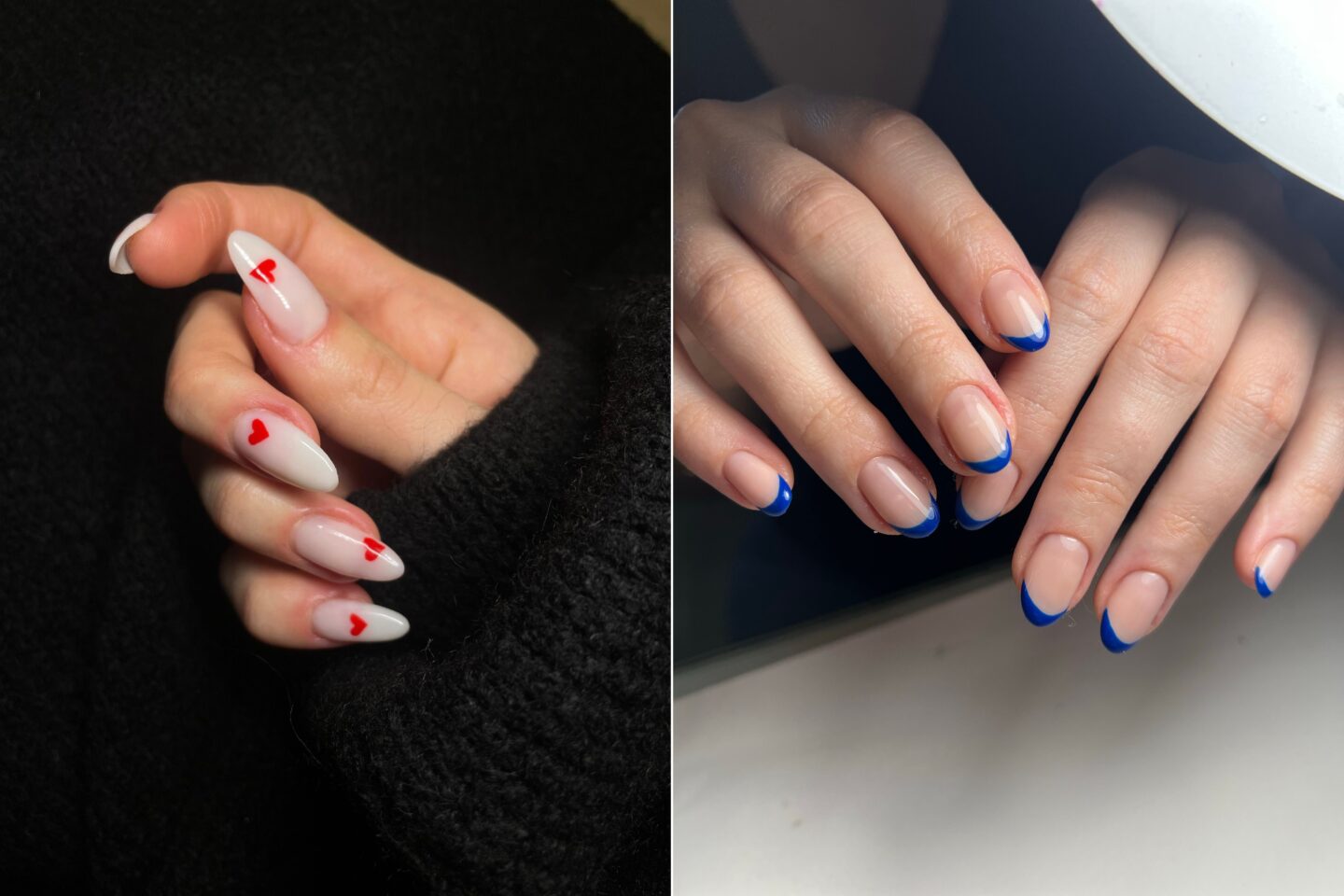Two cute nail designs. On the left, a hand with long, almond-shaped nails painted glossy milky white, each decorated with a small red heart, against a black background with a knitted sleeve. On the right, two hands with short, rounded nails featuring a sheer nude pink base and bright royal blue French tips, resting against a dark surface.